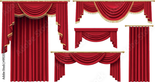 Group of rich red velvet theater curtains with gold trim, ornate stage drapery and swags, luxury theatrical performance backdrop elements, window treatment