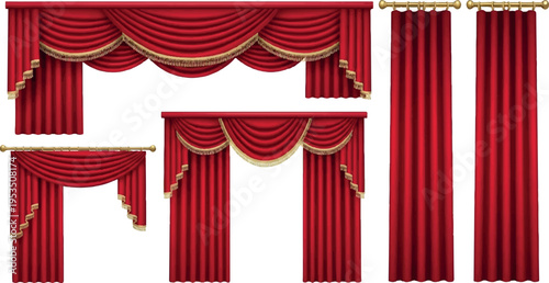Collection of red velvet drapes and swags: elegant stage curtains, valances, and window treatments with gold trim, velvet fabric