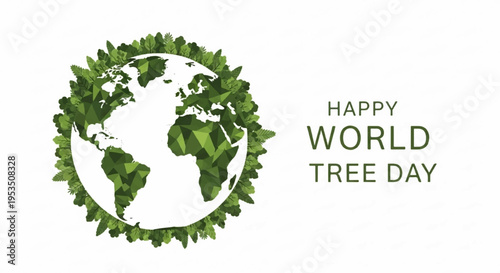 Green globe with leaves on white background for world tree day eco friendly celebration