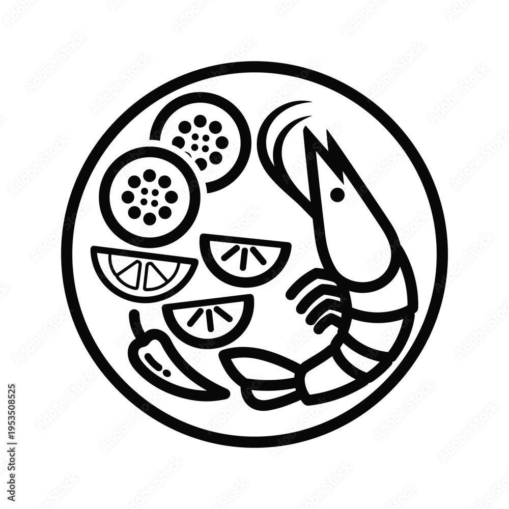 Obraz premium Simple Icon of Shrimp and Ingredients on a Plate