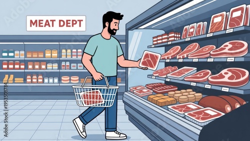 Man Shopping for Fresh Meat Cuts in Grocery Store with Modern Design and Clean Aisles Surrounded by Various Meats and Packaged Products