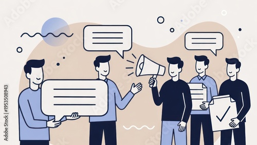 Engaging Group Discussion with Speech Bubbles and Megaphone in Minimalist Style