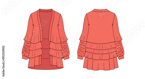 Technical fashion flat sketch of a women's coral ruffled open cardigan, showing front and back views.