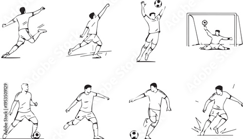 Collection of eight line art illustrations depicting various dynamic actions of soccer football players during a match