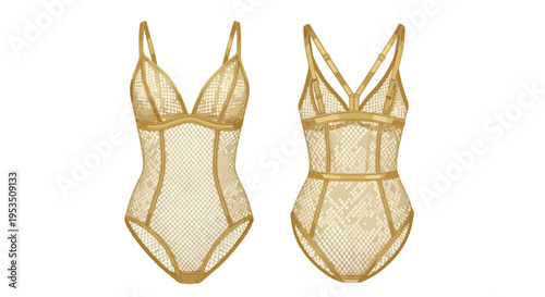 This image features an exquisite golden mesh bodysuit with delicate lace patterns offering a luxurious and sophisticated intimate apparel for