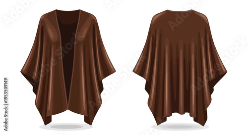 Elegant brown poncho vector graphic displaying front and back views, highlighting its comfortable drape, loose fit, and versatile modern style for