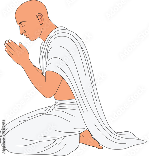 Indian Hindu Monk or Brahmin Pandit Praying in Traditional White Dhoti