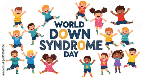 Illustration of children jumping around World Down Syndrome Day text in a colorful design for awareness and support on a white background.