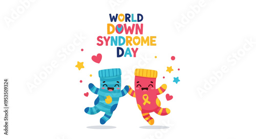 Colorful illustration of two cartoon characters supporting World Down Syndrome Day with a design that promotes awareness and inclusivity on a white background.