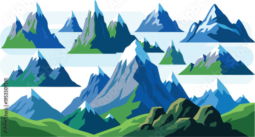 Blue snowy summit and green valley graphic element set