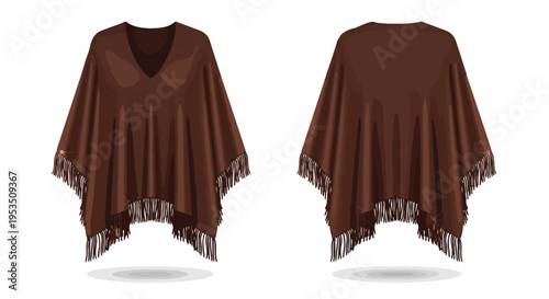 Modern brown fringed poncho apparel illustration showcasing distinct front and back views versatile bohemian clothing design for elegant layering