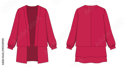 Vibrant crimson open-front tunic with layered skirt technical flat sketch a modern women's apparel design illustration for fashion development an