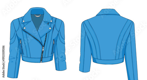Vibrant sky blue cropped moto jacket illustration, fashion apparel design flat sketch, modern women's outerwear, detailed technical drawing showing