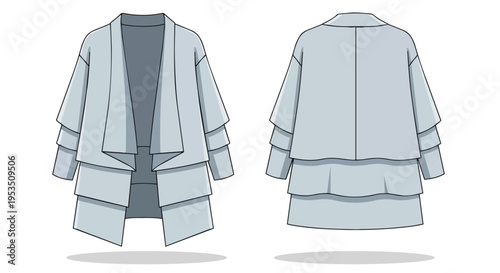 Women's layered open-front cardigan technical flat illustration with draped collar and tiered sleeves, showcasing both front and back views for