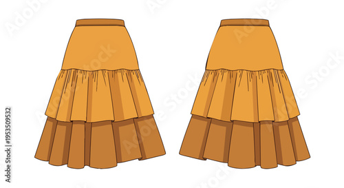 Fashionable women's two-tiered maxi skirt flat sketch in warm autumnal tones. This illustration displays gathered upper and wide flowing lower