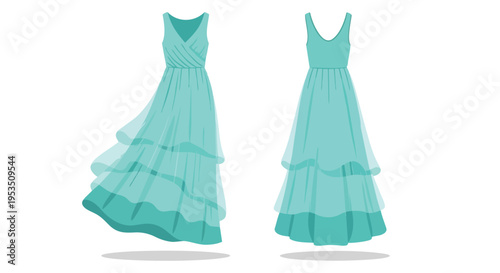 Elegant aqua layered maxi dress vector illustration presenting both its front static view and a dynamically flowing silhouette. Ideal for fashion