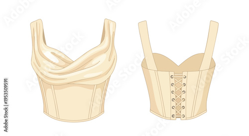 Exquisite cream corset top illustration, gracefully draped front, detailed lace-up back. Blends classic charm with contemporary fashion, ideal for