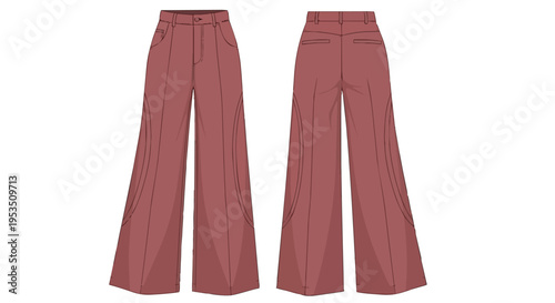 Fashion blueprint of elegant wide-leg trousers: front and back technical drawing in muted rose.