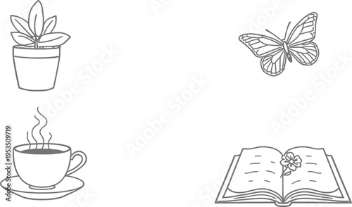 Relaxation vector illustration set with potted plant coffee cup butterfly and open book line art icons for leisure design