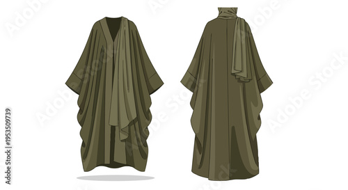 Elegant modest draped robe design front and back view with integrated head covering a timeless fashion silhouette perfect for various cultural and