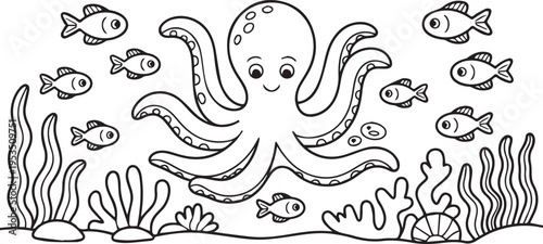 Friendly octopus surrounded by various small fish and seaweed on ocean floor for kids coloring sheet line art drawing
