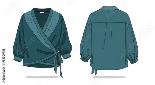 Elegant teal women's wrap blouse with voluminous sleeves, detailed front and back views, a contemporary fashion illustration for modern apparel