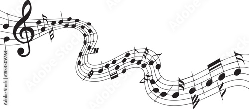 Flowing musical notes on stave creating wavy line element of music composition design isolated on white background