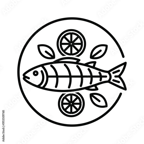 Simple black and white line art icon of a fish dish with lemon slices and leaves