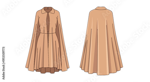 Elegant long collared cape dress technical flat illustration detailing its sophisticated silhouette and graceful flow from front and back