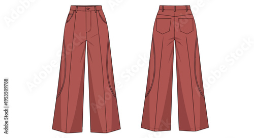 Fashion illustration of terracotta wide-leg pants technical drawing women's apparel design for trendy garments flat sketch template for elegant