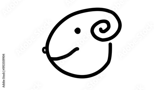 Minimalist ram‑like face drawn as a simple black line vector, featuring a circular outline, one spiral horn, a dot eye and a small curved smile