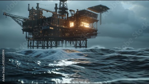 massive offshore oil platform in rough ocean waves under stormy skies global energy production and geopolitical tension concept