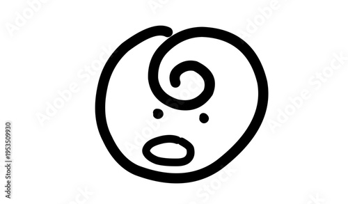 Minimalist surprised face drawn as a simple black line vector, featuring a circular outline, two dot eyes, an open oval mouth and a single spiral curl on top