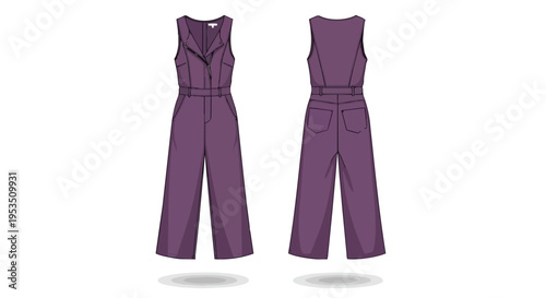 Vibrant purple sleeveless jumpsuit flat technical sketch displaying front zipper and distinct back pockets ideal for modern apparel design and