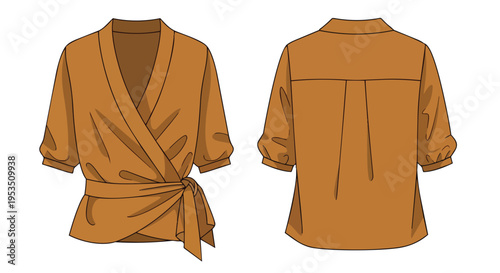 Technical fashion flat drawing of a women's brown wrap blouse with short gathered sleeves and a tie waist. Front and back for apparel designs