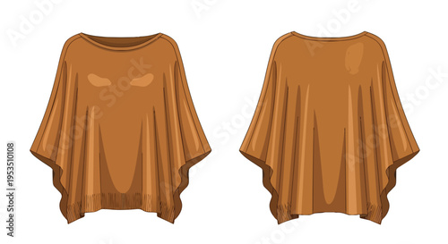 Stylish front and back views of a comfortable, loose-fitting caramel-colored poncho or sweater design template