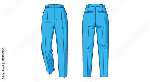 Crisp light blue tailored trousers with front pleats and distinct back pocket detailing displayed for versatile wardrobe application elegant apparel
