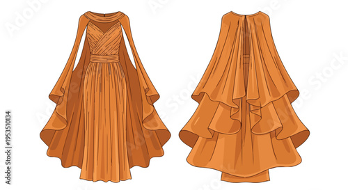 Luxurious orange gown with dramatic sleeves and tiered back design. This fashion illustration captures a captivating apparel aesthetic for formal
