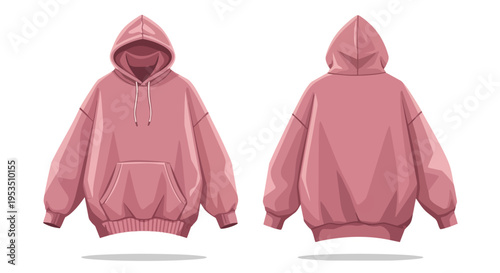 A soft rose-hued oversized garment, styled with an integrated hood and front pouch, depicted from both its forward and rear perspectives on a