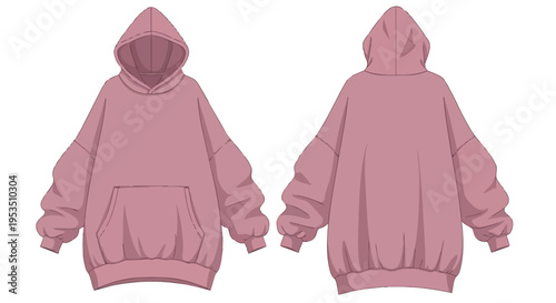 Stylized blush pink oversized hooded sweatshirt illustration displaying a relaxed unisex silhouette, front and back, featuring a cozy kangaroo