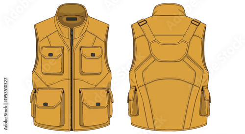 Technical flat sketch illustration of a versatile mustard yellow multi-pocket utility vest, showing front and back views, perfect for outdoor