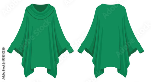 Vibrant emerald green women's relaxed fit tunic or poncho with cowl neck design showcasing front and back apparel views a perfect casual garment