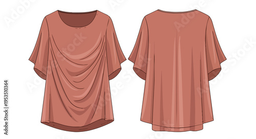 Elegant casual women's draped blouse fashion flat illustration front and back views comfortable short sleeve top design ideal for digital patterns