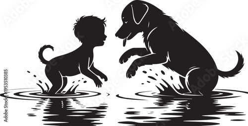 Small child playing joyfully in water splashing with happy friendly dog Labrador silhouette interaction outdoor scene
