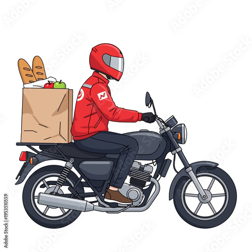 Motorcycle Delivery Driver with Grocery Bag on White Background