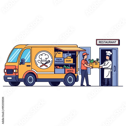 Food Delivery Truck Supplying Fresh Produce to Restaurant Chef