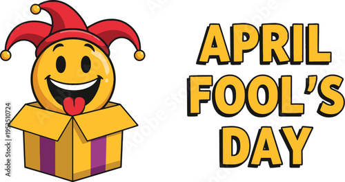 April Fools Day vector illustration with jester emoji character in gift box festive design for prank humor celebration
