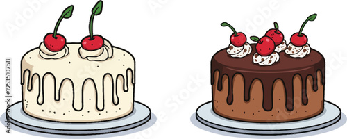 Cake vector illustration set with vanilla and chocolate decorated desserts topped with cherries and whipped cream design