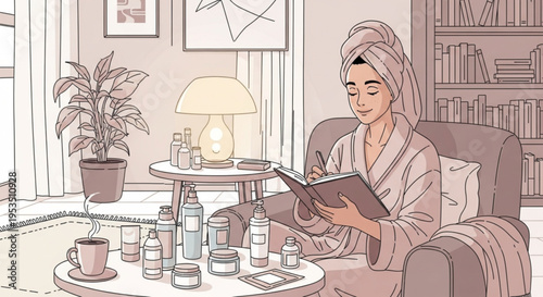 Relaxing evening ritual A young woman with a towel on her head engages in her mindful skincare routine, surrounded by beauty products and enjoying a quiet moment of self-care at home