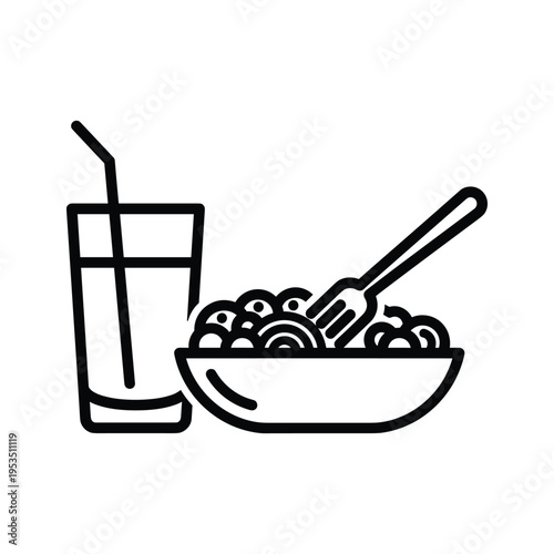 Minimalist Line Art Icon: Bowl of Noodles and Drink with Straw